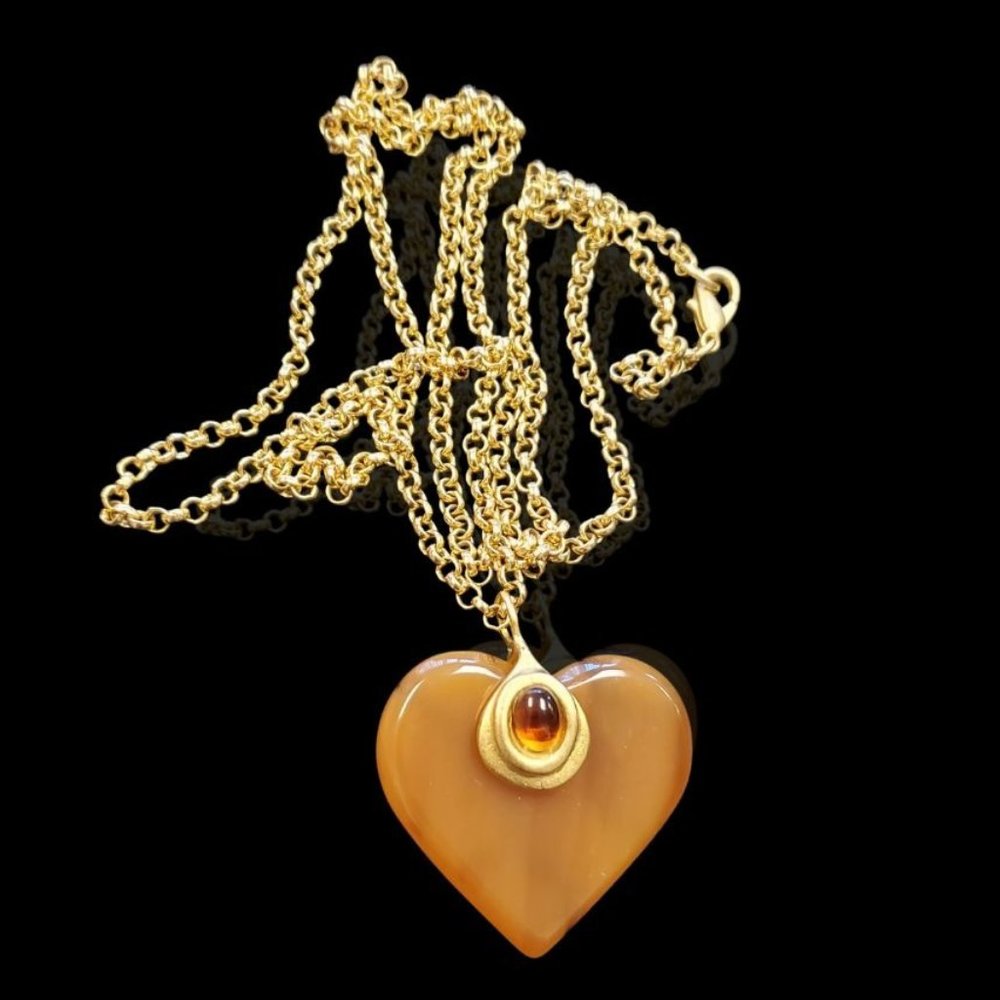 Long Lucite Heart Faux Blood Orange And Amber Pendant With Rolo Link 36" Gold Pl